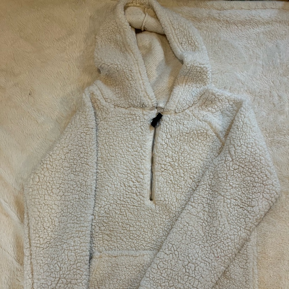 Hooded white Sherpa hoodie/ quarter zip